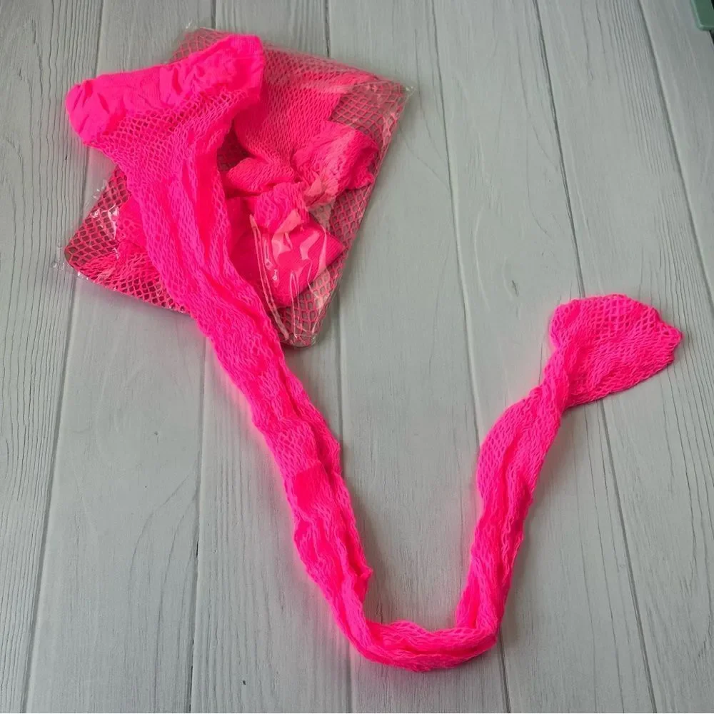 NWT Hot Pink Fish Net Thigh Highs Panty Hose Stockings OS